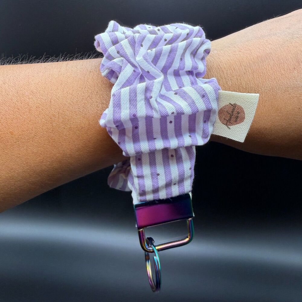 Handmade One Size Scrunchie Key Fob Wristlet Womens Purple Stripe Cotton KeyRing